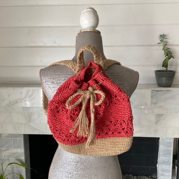 Boho Red and Natural Raffia Drawstring Backpack - Picture 1 of 7